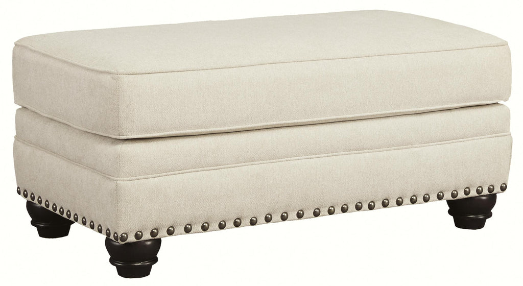 Benzara Wooden Ottoman with Nailhead Trims and Bun Feet, White and Black BM209704 White and Black Wood and Fabric BM209704
