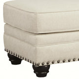 Benzara Wooden Ottoman with Nailhead Trims and Bun Feet, White and Black BM209704 White and Black Wood and Fabric BM209704