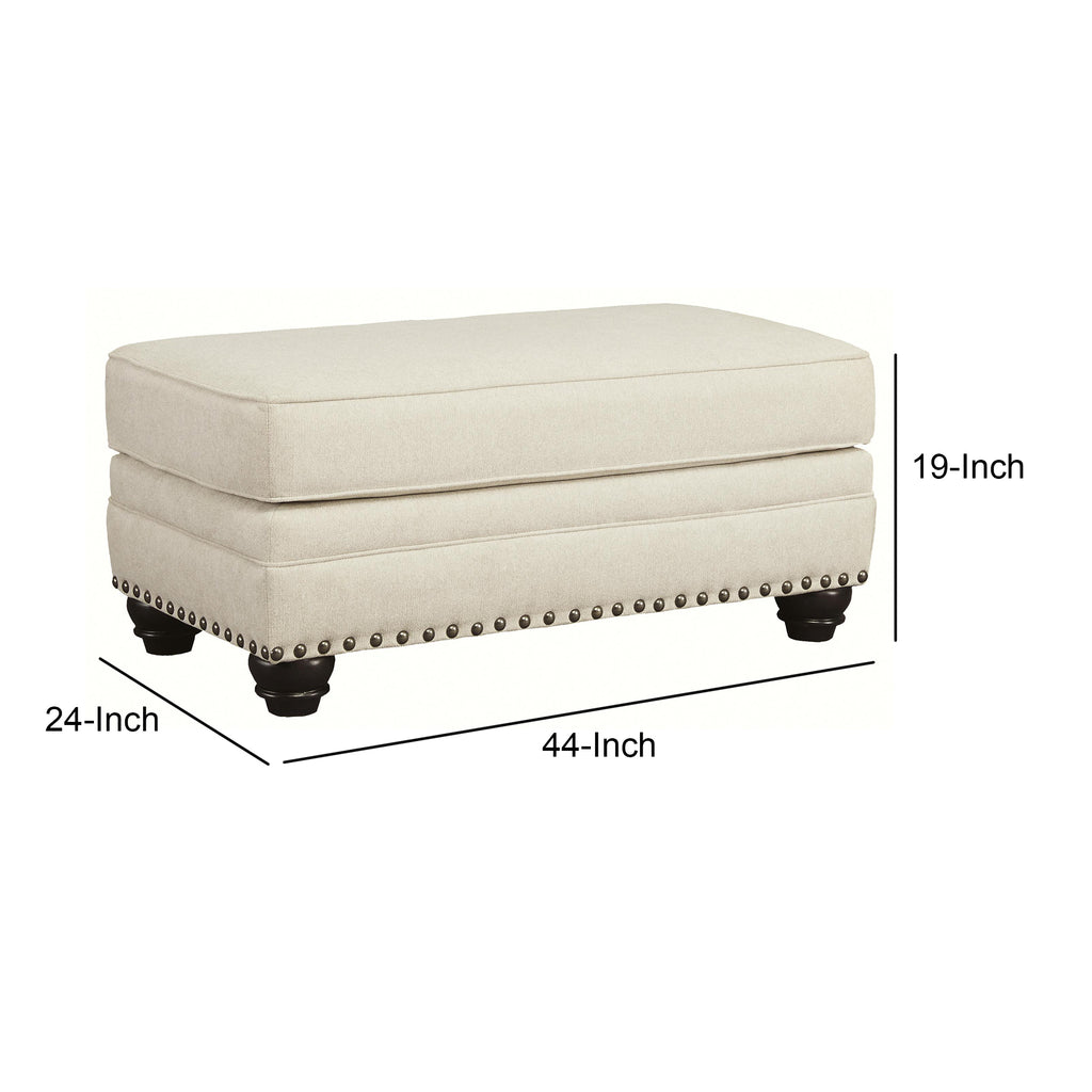Benzara Wooden Ottoman with Nailhead Trims and Bun Feet, White and Black BM209704 White and Black Wood and Fabric BM209704