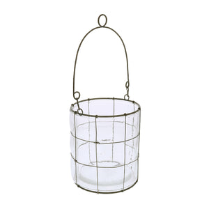 Benzara Round Glass Lantern with Grid Design Metal Frame and Handle, Small, Clear BM209828 Clear Metal, Glass BM209828