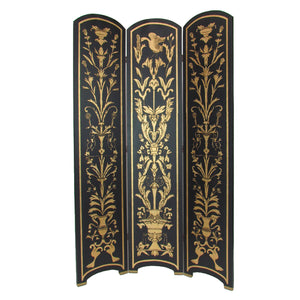 Benzara Foldable 3 Panel Room Divider with Traditional Print,Black and Gold BM210110 Gold and Black Solid Wood BM210110