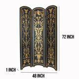 Benzara Foldable 3 Panel Room Divider with Traditional Print,Black and Gold BM210110 Gold and Black Solid Wood BM210110