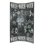 Foldable 3 Panel Room Divider with Tribal Print, Black and Silver