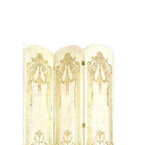 Benzara Scalloped 3 Panel Wooden Screen with Classic Scroll, Gold and Rustic White BM210113 Gold and White Solid Wood BM210113