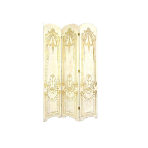 Benzara Scalloped 3 Panel Wooden Screen with Classic Scroll, Gold and Rustic White BM210113 Gold and White Solid Wood BM210113