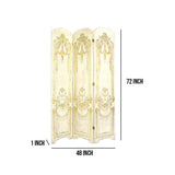 Benzara Scalloped 3 Panel Wooden Screen with Classic Scroll, Gold and Rustic White BM210113 Gold and White Solid Wood BM210113