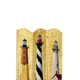 Benzara Hand Painted 3 Panel Wooden Room Divider with Lighthouses Print, Multicolor BM210114 Multicolor Solid Wood BM210114