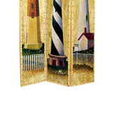 Benzara Hand Painted 3 Panel Wooden Room Divider with Lighthouses Print, Multicolor BM210114 Multicolor Solid Wood BM210114