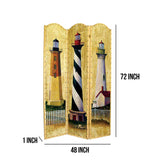 Benzara Hand Painted 3 Panel Wooden Room Divider with Lighthouses Print, Multicolor BM210114 Multicolor Solid Wood BM210114