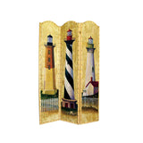 Benzara Hand Painted 3 Panel Wooden Room Divider with Lighthouses Print, Multicolor BM210114 Multicolor Solid Wood BM210114