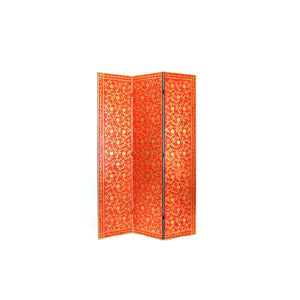 Benzara 3 Panel Foldable Wooden Room Divider with Vine Print, Red and Gold BM210115 Gold and Red Solid Wood BM210115