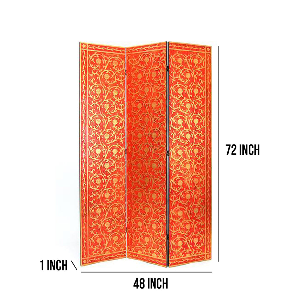 Benzara 3 Panel Foldable Wooden Room Divider with Vine Print, Red and Gold BM210115 Gold and Red Solid Wood BM210115