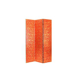 3 Panel Foldable Wooden Room Divider with Vine Print, Red and Gold