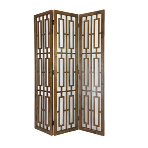 Benzara 3 panel Grained Wooden Frame Screen with Lattice Cut Outs, Brown BM210120 Brown Solid Wood BM210120