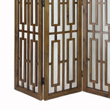 Benzara 3 panel Grained Wooden Frame Screen with Lattice Cut Outs, Brown BM210120 Brown Solid Wood BM210120