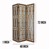 Benzara 3 panel Grained Wooden Frame Screen with Lattice Cut Outs, Brown BM210120 Brown Solid Wood BM210120