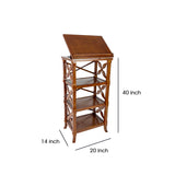 Benzara 3 Tier Adjustable Top Book Display with Carved Criss Cross Sides, Brown BM210121 Brown Solid Wood BM210121