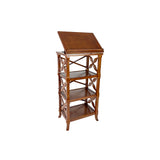 3 Tier Adjustable Top Book Display with Carved Criss Cross Sides, Brown