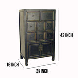 Benzara Wooden Chest with 8 Drawers and 2 Door Cabinets, Antique Black BM210123 Black Solid Wood and Metal BM210123