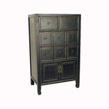 Benzara Wooden Chest with 8 Drawers and 2 Door Cabinets, Antique Black BM210123 Black Solid Wood and Metal BM210123