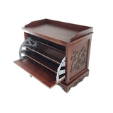 Benzara Engraved Wooden Shoe Cabinet with Drop Down Opening and Metal Hinges, Brown BM210127 Brown Solid Wood BM210127