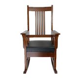 Benzara Wooden Frame Rocker Chair with Slatted Back and Leatherette Seat, Oak Brown BM210131 Brown Solid Wood and Faux Leather BM210131