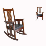 Benzara Wooden Frame Rocker Chair with Slatted Back and Leatherette Seat, Oak Brown BM210131 Brown Solid Wood and Faux Leather BM210131