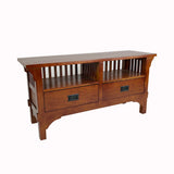 Benzara Wooden TV Stand with 2 Open Shelves and Slatted Back, Oak Brown BM210136 Brown Solid Wood BM210136