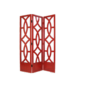 Benzara Open Cut Out Design 3 Panel Wooden Frame Screen with Double Hinges, Red BM210146 Red Solid Wood BM210146