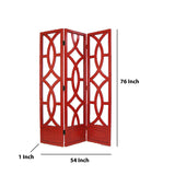 Benzara Open Cut Out Design 3 Panel Wooden Frame Screen with Double Hinges, Red BM210146 Red Solid Wood BM210146