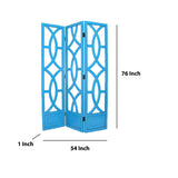 Benzara Open Cut Out 3 Panel Wooden Frame Screen with Double Hinges, Teal Blue BM210147 Blue Solid Wood BM210147