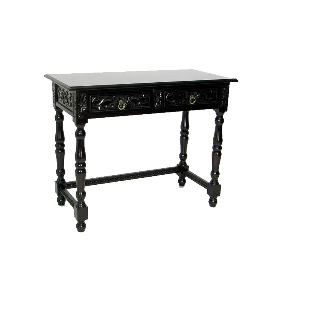 Benzara Engraved Wooden Frame Console Table with 2 Drawers and Turned Legs, Black BM210159 Black Solid Wood BM210159