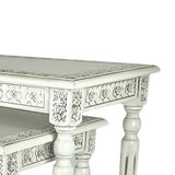 Benzara Elegantly Engraved Wooden Frame Nesting Table, Set of 2, Antique White BM210164 White Solid Wood BM210164