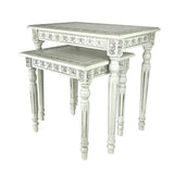 Elegantly Engraved Wooden Frame Nesting Table, Set of 2, Antique White
