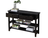 Benzara Two Drawer Console Table with Two Open Shelves and Block Legs, Dark Brown BM210173 Brown MDF, Solid Wood BM210173