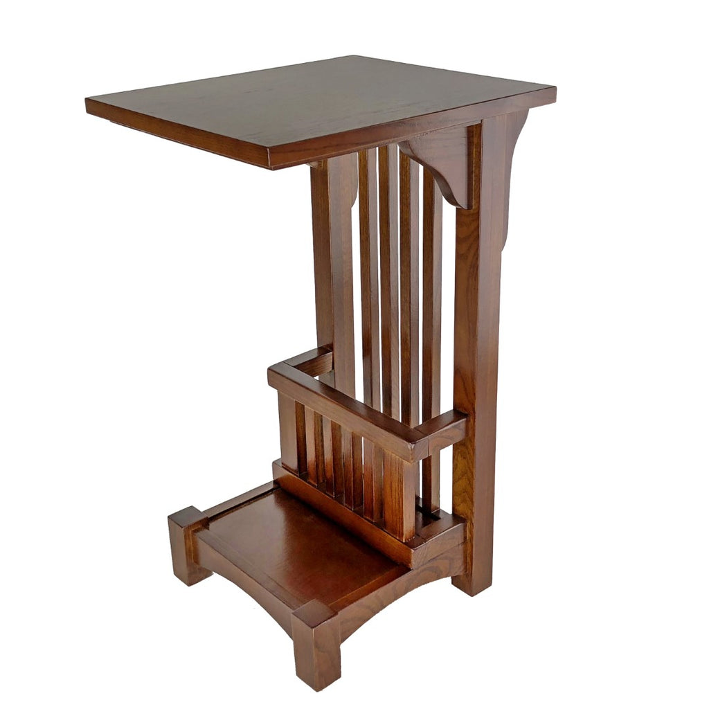 Benzara Wooden Side Table in C Shape with Slatted Back and Basket, Brown BM210422 Brown Solid Wood BM210422