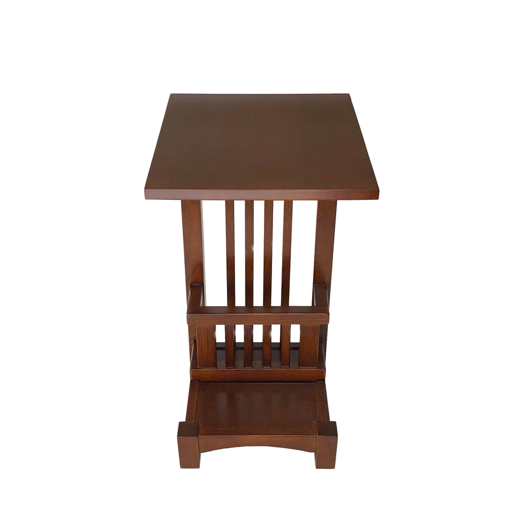 Benzara Wooden Side Table in C Shape with Slatted Back and Basket, Brown BM210422 Brown Solid Wood BM210422