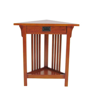 Benzara Mission Style Wooden Corner Table with 1 Drawer and Bottom Shelf, Brown BM210424 Brown Solid Wood BM210424