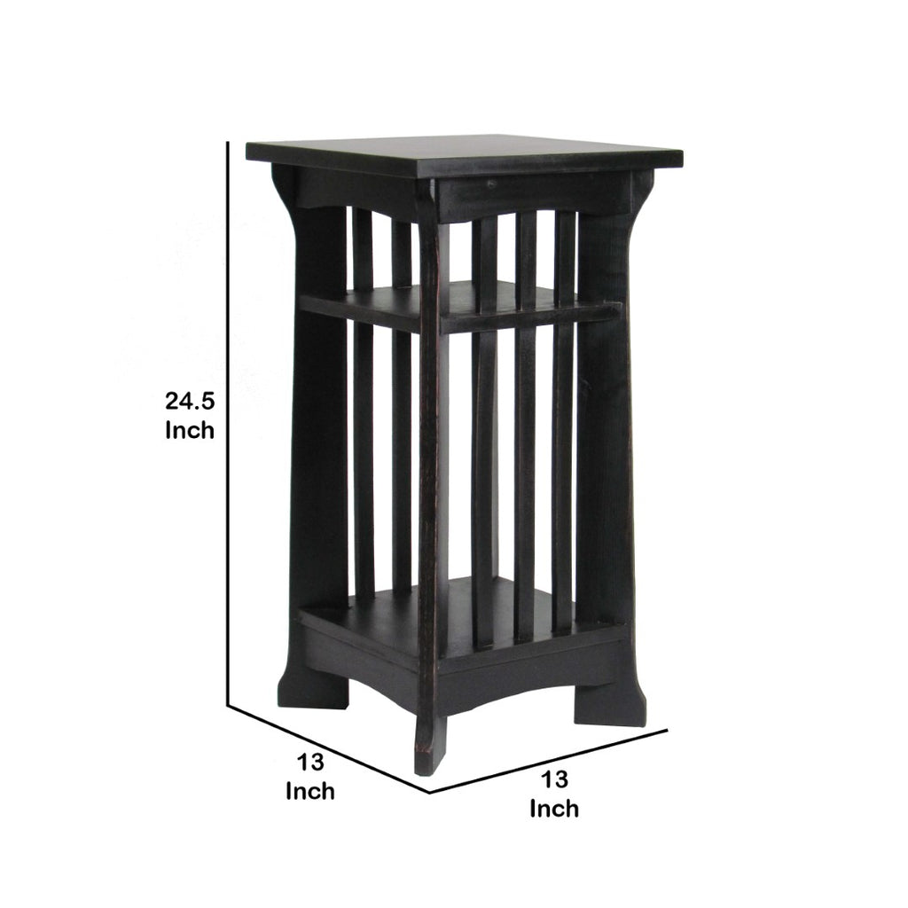 Benzara Wooden Pedestal Stand with Open Bottom Shelf, Antique Black BM210429 Black Solid Wood BM210429