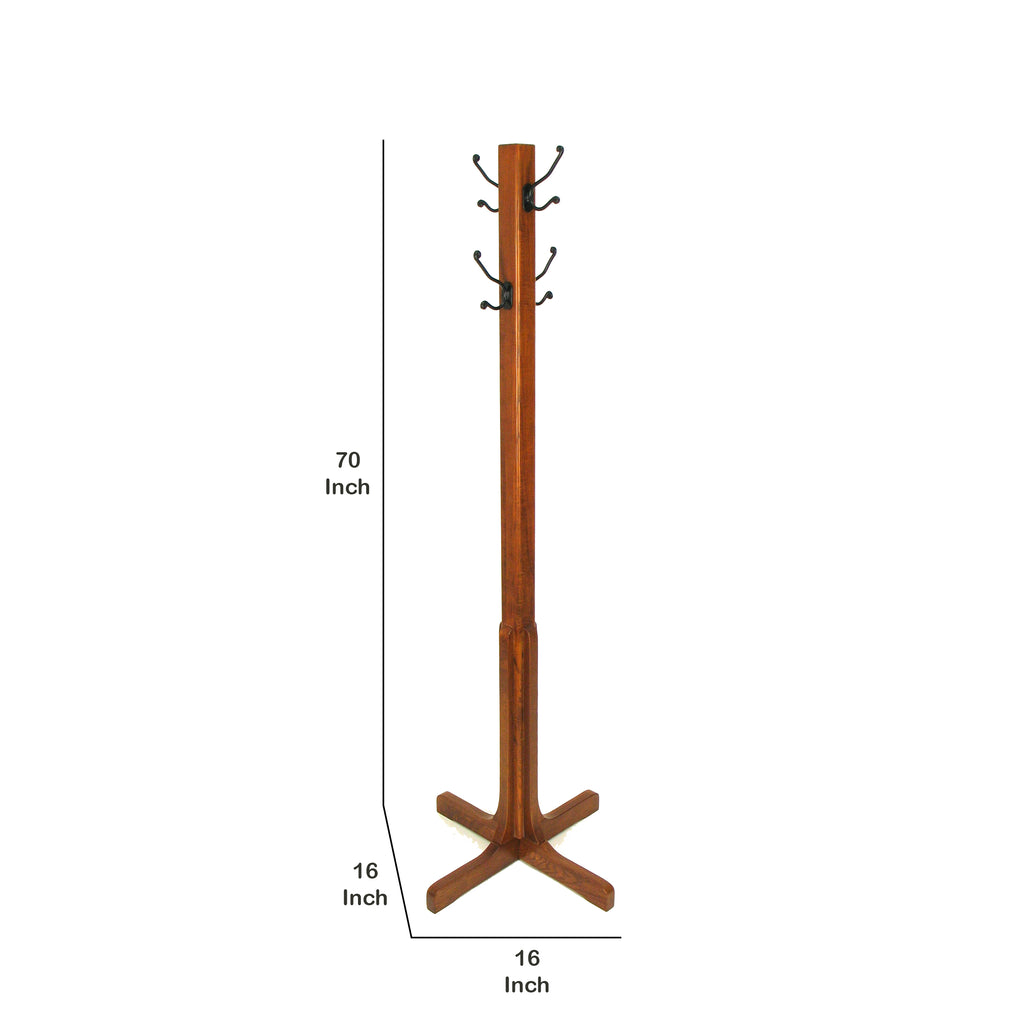 Benzara Wooden Coat Stand with X Frame Base and Metal Hooks, Oak Brown BM210430 Brown Solid Wood and Metal BM210430