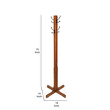 Benzara Wooden Coat Stand with X Frame Base and Metal Hooks, Oak Brown BM210430 Brown Solid Wood and Metal BM210430