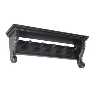 Benzara Hand Carved Wooden Hanger with 5 Wall Mount Hooks, Black BM210439 Black Solid Wood BM210439