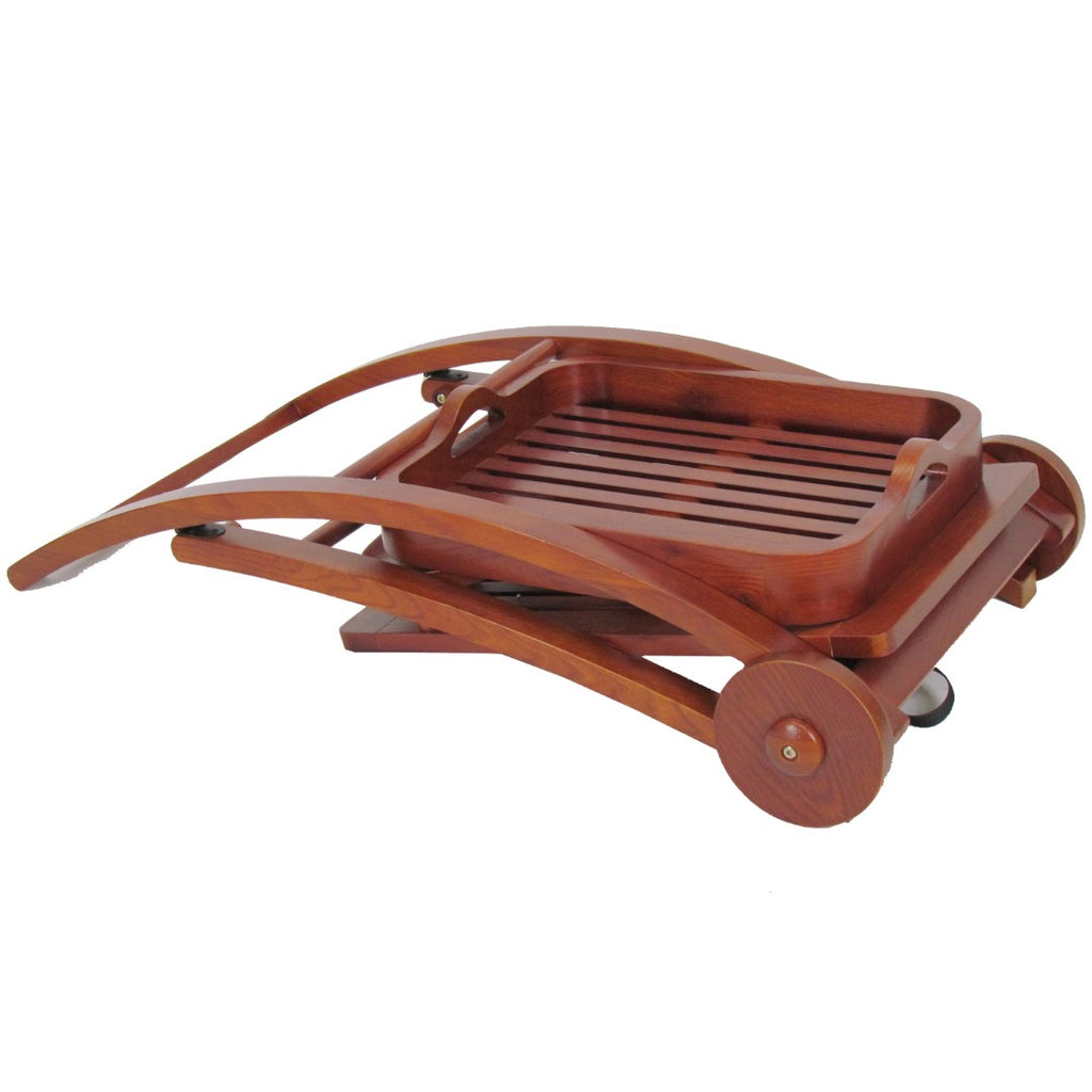Benzara Slatted Shelf Serving Foldable Tray Stand with Wheels, Brown BM210445 Brown Solid Wood BM210445