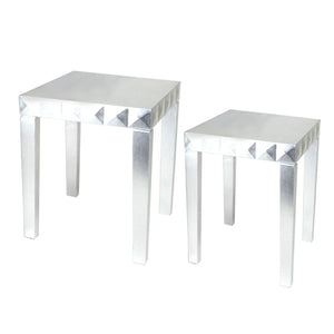 Benzara Rectangular Wooden Nesting Table with Geometric Edges, Set of 2, Silver BM210446 Silver Solid Wood BM210446