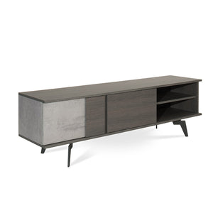 Benzara Wooden TV Stand with 2 Open Compartments and Angled Metal Legs, Gray BM210520 Gray Solid Wood, Veneer and Metal BM210520