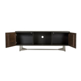 Benzara Wooden TV Stand with 2 Push Door Cabinets and 1 Open Shelf, Brown BM210528 Brown Solid Wood and Metal BM210528