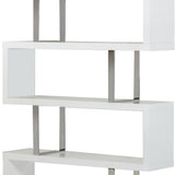 Benzara Zig Zag Wooden Frame Shelf Unit with Metal Braces Support, White and Silver BM210533 White and Silver Solid Wood and Metal BM210533