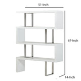 Benzara Zig Zag Wooden Frame Shelf Unit with Metal Braces Support, White and Silver BM210533 White and Silver Solid Wood and Metal BM210533