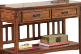 Benzara 2 Drawer Mission Style Console Table with Open Bottom Shelf, Brown BM210633 Brown Solid Wood, Veneer, Engineered wood BM210633