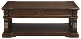 Benzara 2 Drawer Scroll Lift Top Cocktail Table with Open Bottom Shelf, Brown BM210634 Brown Solid Wood, Engineered Wood , Metal and Veneer BM210634